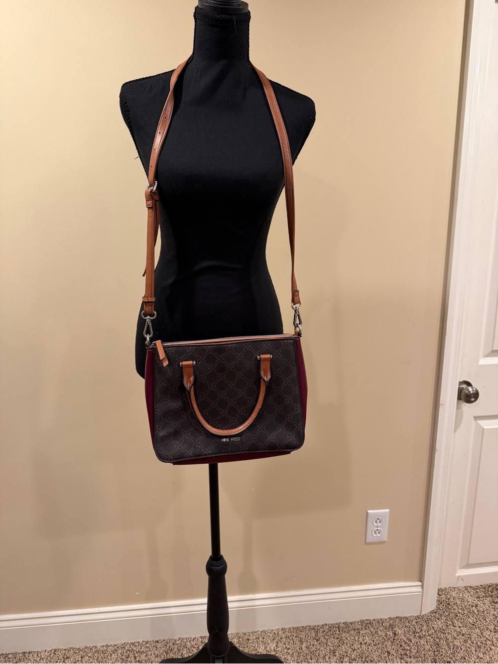 Nine West Brown and Burgundy Crossbody Satchel - Women's Designer Style Bag